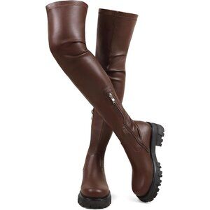 Women's Brown-Pu Leather High Thigh Over-the-Knee Stretch lug Sole Heel Boot